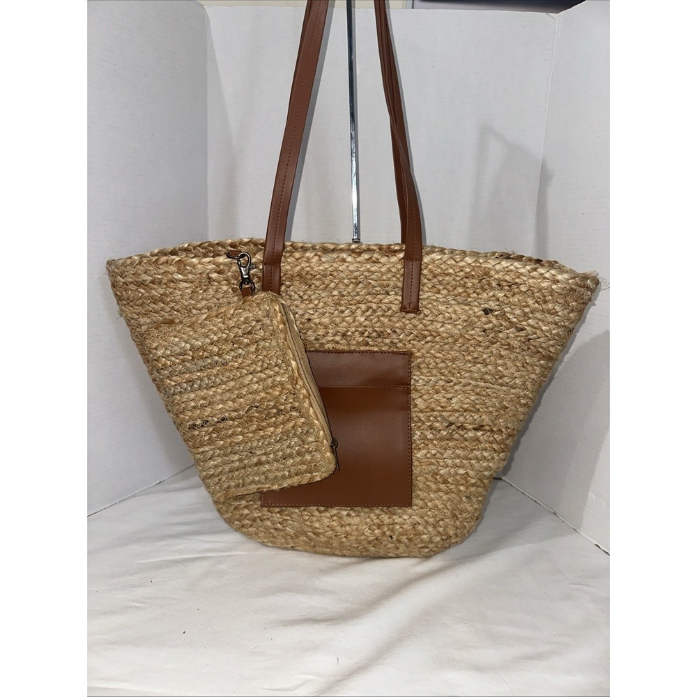 Jute Woven Straw Large Tote Purse With Pouch Attached